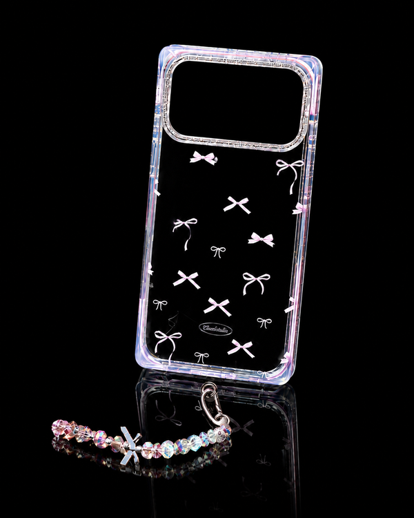 Crystal Bow Clear Phone Case with Beaded Wrist Charm iPhone 17 & 17 Pro Max